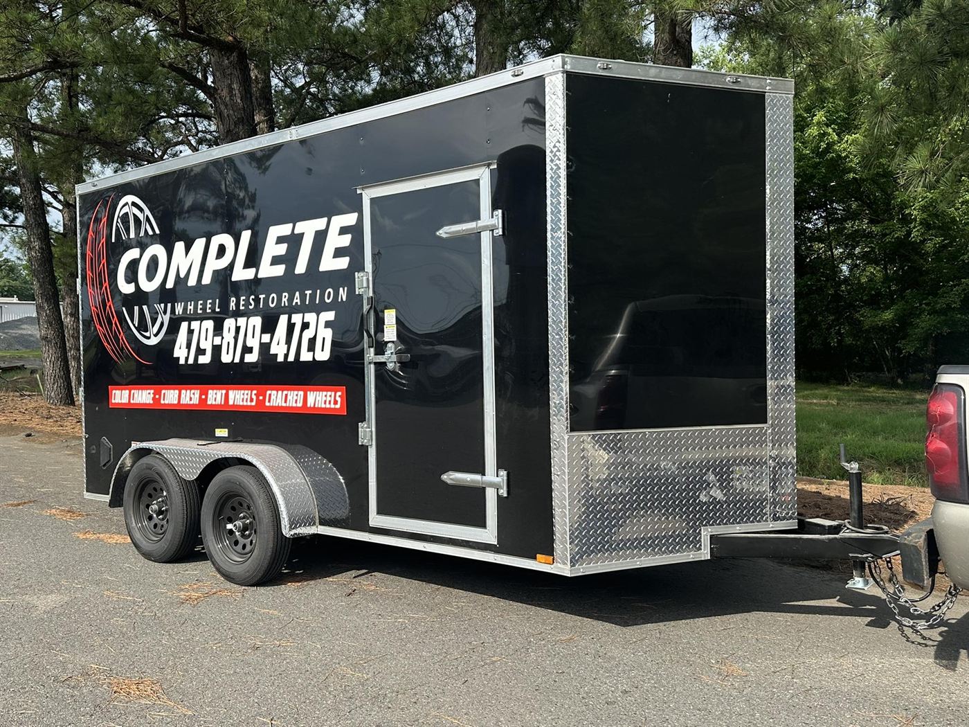 Complete Wheel Restoration branded mobile wheel repair trailer serving central Arkansas